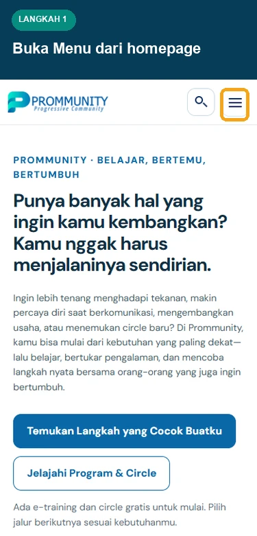 Homepage Prommunity mobile dengan tombol Menu disorot