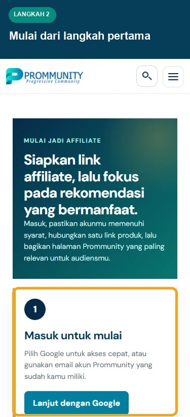 Halaman mulai Affiliate Prommunity mobile dengan langkah Masuk Prommunity disorot