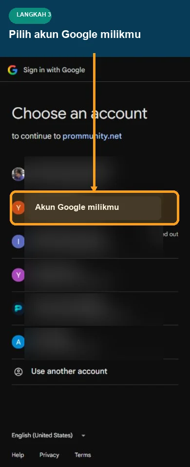Pemilih akun Google mobile dengan data akun disamarkan