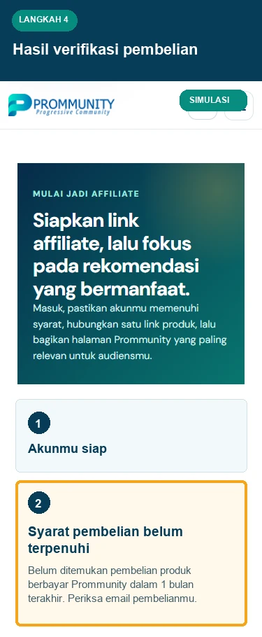 Onboarding Affiliate Prommunity mobile pada tahap verifikasi pembelian