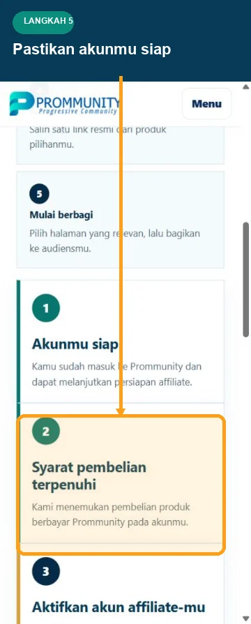 Status pembelian terverifikasi pada onboarding Affiliate Prommunity mobile