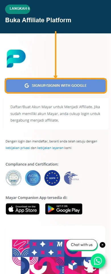 Halaman pendaftaran affiliate mobile dengan tombol login disorot