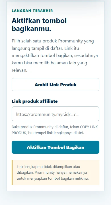 Contoh urutan Ambil Link Produk, kolom tempel, lalu tombol Aktifkan