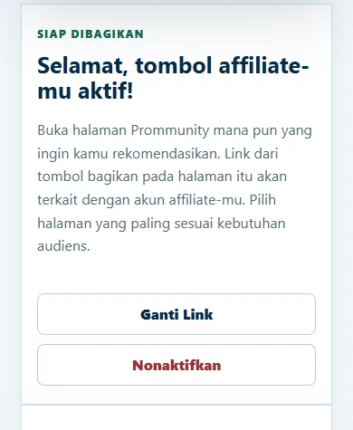 Contoh pesan Selamat setelah tombol affiliate aktif
