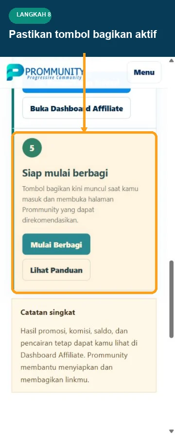 Status Share Prommunity aktif pada onboarding mobile