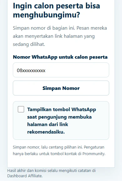Contoh pengaturan nomor dan tombol WhatsApp di Ruang Affiliate