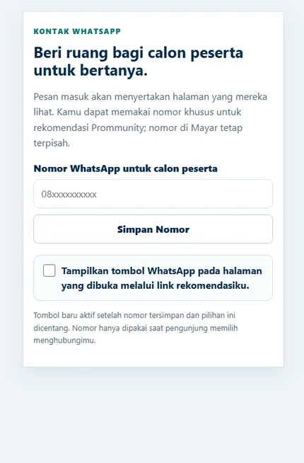 Contoh pengaturan nomor dan tombol WhatsApp di Ruang Affiliate