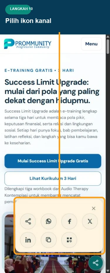 Panel berbagi Affiliate Prommunity mobile dengan grid ikon kanal