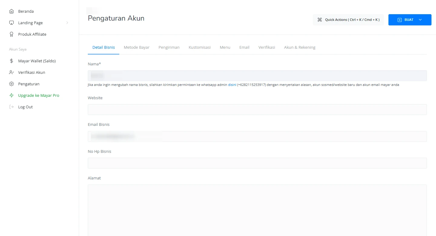 Halaman data akun pada tampilan desktop dan mobile