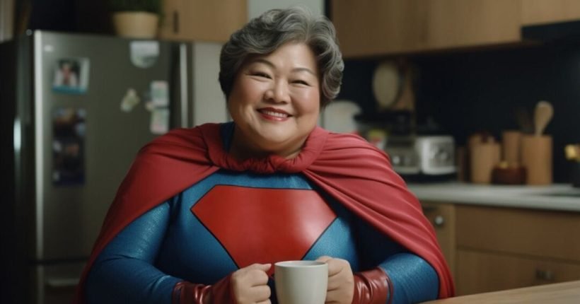 close-up-superhero-woman-drinking-coffee_23-2150811915