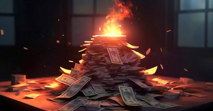 A pile of money burning on a table, set against a dark background, a clean, well-defined, and focused image. High quality. Digital illustration in anime style, clean image --chaos 100 --ar 3:2 --stylize 1000 --v 5.1 Job ID: 9ed79b04-5ca6-4152-a0f3-9024c6ed6968